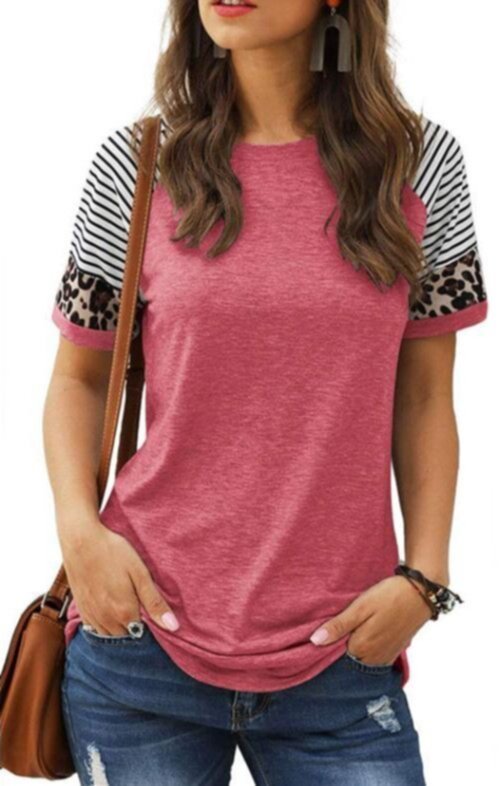 Women T-Shirt with Printed Stripe Round Neck